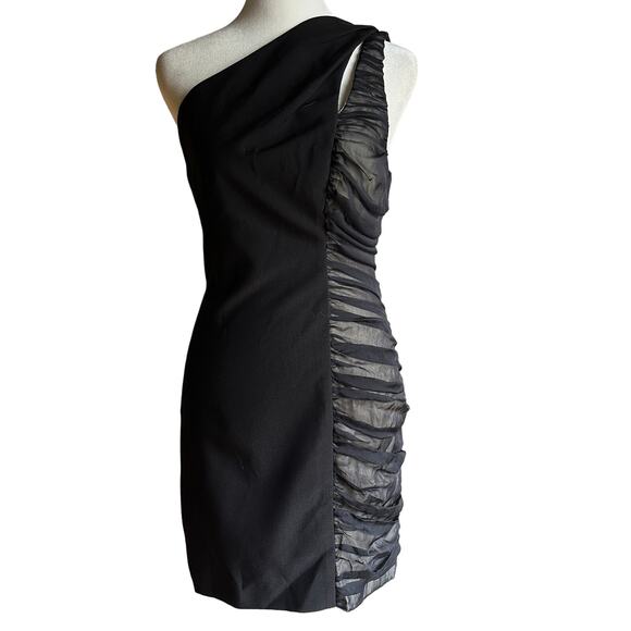 BLACK HALO | Black Shirred Detail One Shoulder Architectural Cocktail Dress | 4 - Picture 1 of 6